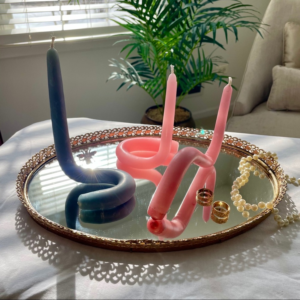 Set of 3 Handmade Curved Taper Candles Pink Purple